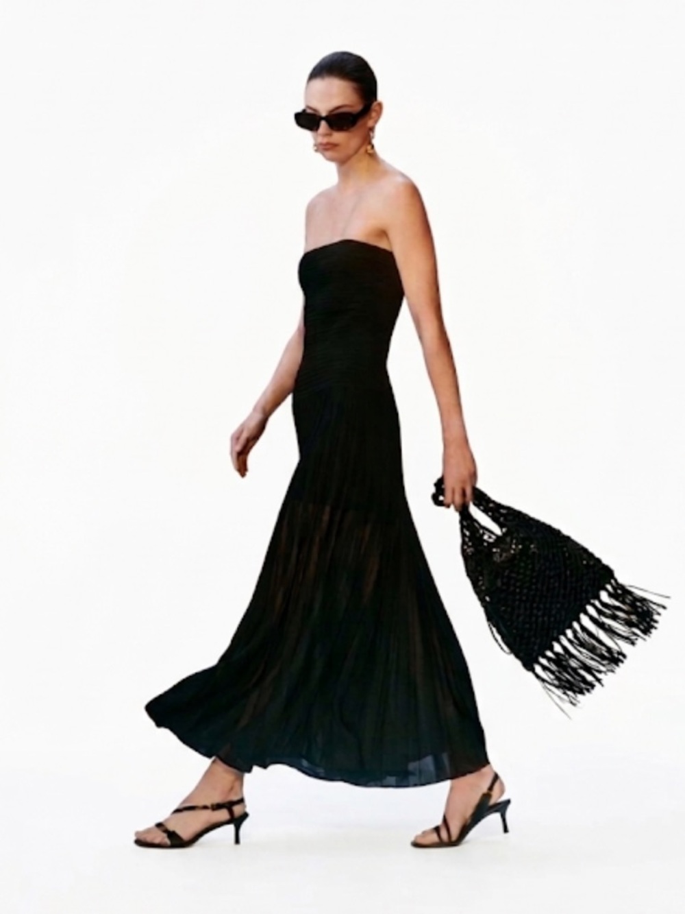 COS Black Ribbed Bandeau Maxi Dress Sheer Pleated Skirt Size XS Like New! - Picture 2 of 12